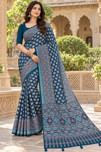 Blue color azarakh printed with all over mirror work on premium satin saree