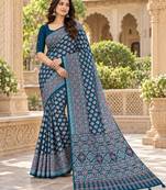 Blue color azarakh printed with all over mirror work on premium satin saree