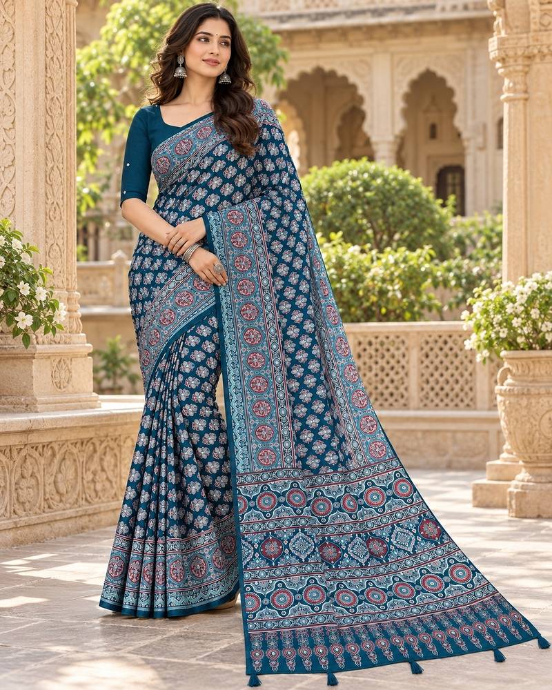 Blue color azarakh printed with all over mirror work on premium satin saree