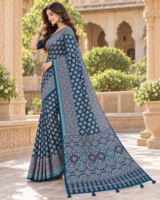 Blue color azarakh printed with all over mirror work on premium satin saree 2