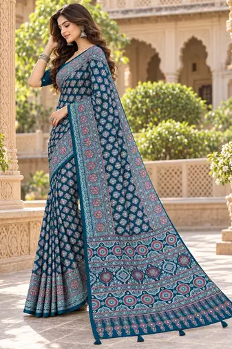 Blue color azarakh printed with all over mirror work on premium satin saree