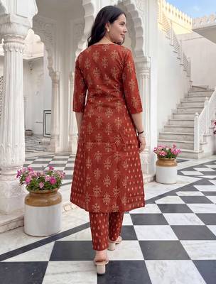 Orange printed cotton kurta trouser set 2