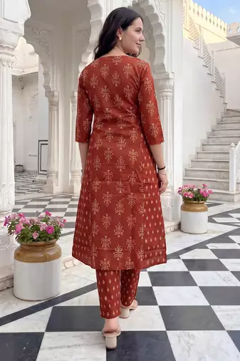 Orange printed cotton kurta trouser set
