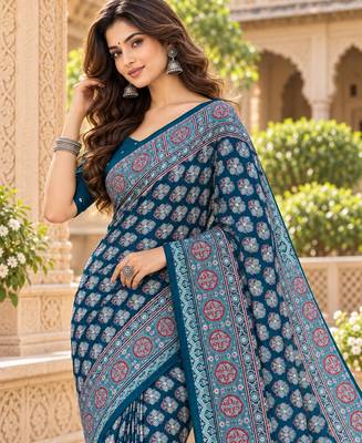 Blue color azarakh printed with all over mirror work on premium satin saree 3
