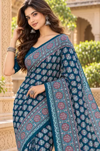 Blue color azarakh printed with all over mirror work on premium satin saree