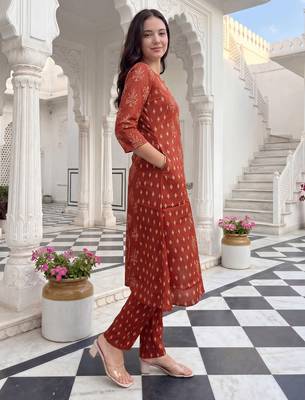 Orange printed cotton kurta trouser set 3