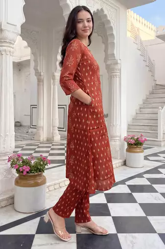 Orange printed cotton kurta trouser set