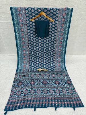 Blue color azarakh printed with all over mirror work on premium satin saree 4