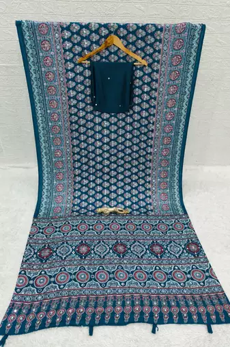 Blue color azarakh printed with all over mirror work on premium satin saree