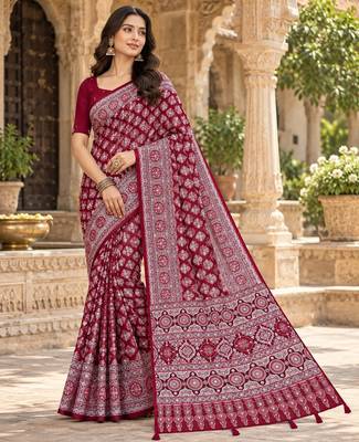 Maroon  color azarakh printed with all over mirror work on premium satin saree 1