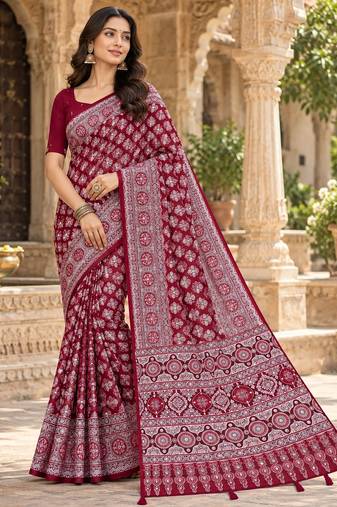Maroon  color azarakh printed with all over mirror work on premium satin saree