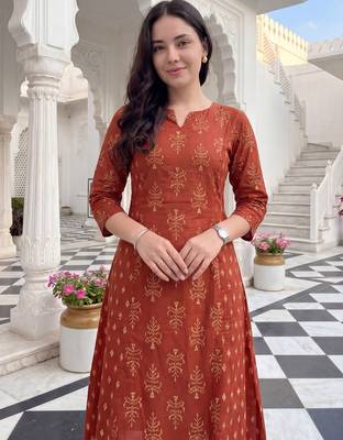 Orange printed cotton kurta trouser set 4