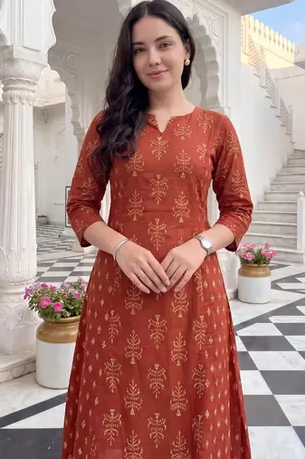 Orange printed cotton kurta trouser set