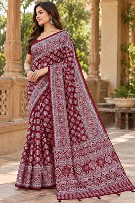 Maroon  color azarakh printed with all over mirror work on premium satin saree 2