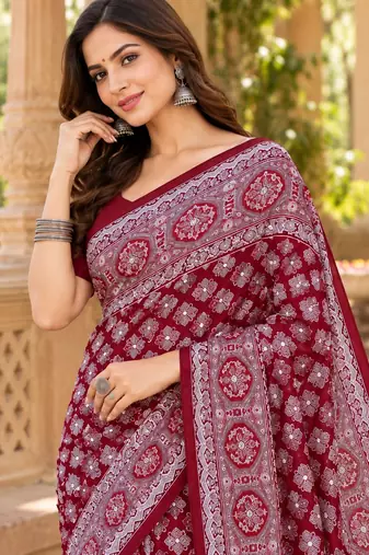 Maroon  color azarakh printed with all over mirror work on premium satin saree