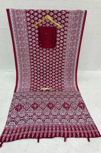 Maroon  color azarakh printed with all over mirror work on premium satin saree