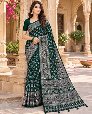 Green color azarakh printed with all over mirror work on premium satin saree 1