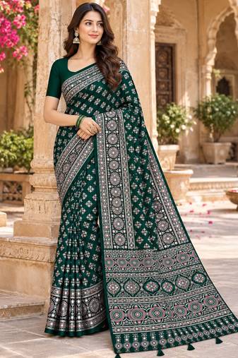 Green color azarakh printed with all over mirror work on premium satin saree