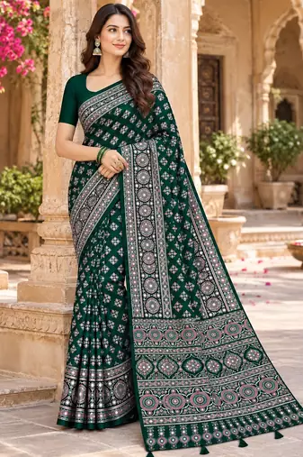 Green color azarakh printed with all over mirror work on premium satin saree