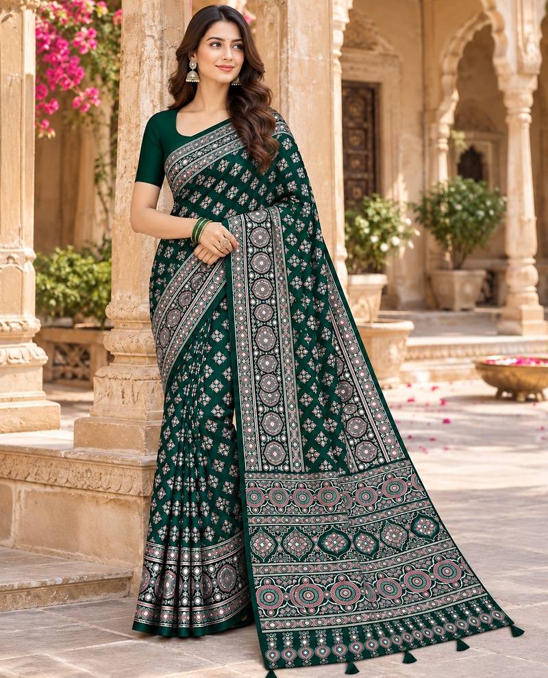 Green color azarakh printed with all over mirror work on premium satin saree