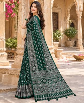 Green color azarakh printed with all over mirror work on premium satin saree 2