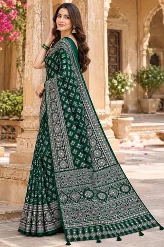 Green color azarakh printed with all over mirror work on premium satin saree