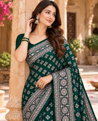 Green color azarakh printed with all over mirror work on premium satin saree 3