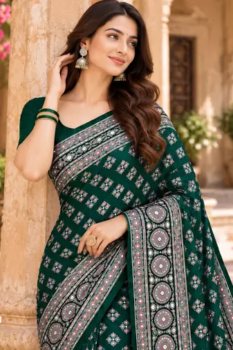 Green color azarakh printed with all over mirror work on premium satin saree