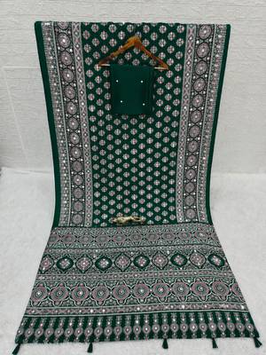 Green color azarakh printed with all over mirror work on premium satin saree 4