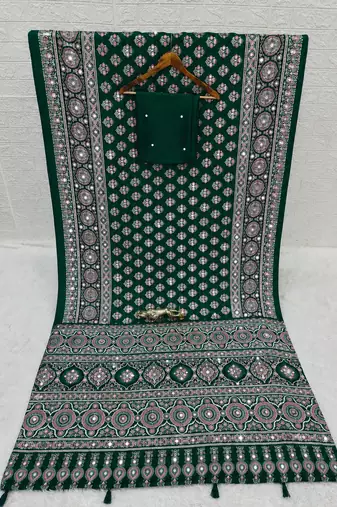Green color azarakh printed with all over mirror work on premium satin saree