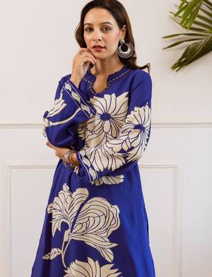 Blue printed viscose rayon kurta trouser set 1