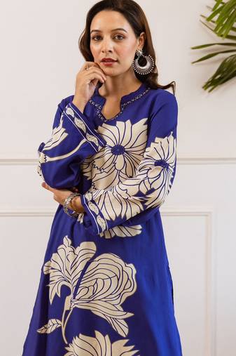 Blue printed viscose rayon kurta trouser set