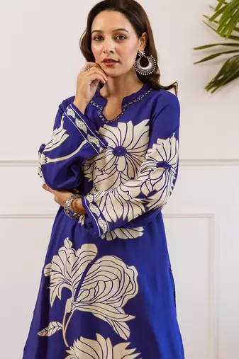 Blue printed viscose rayon kurta trouser set