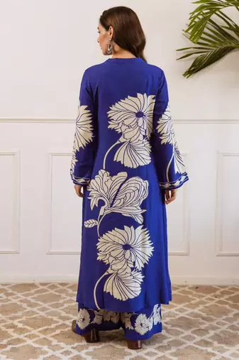 Blue printed viscose rayon kurta trouser set