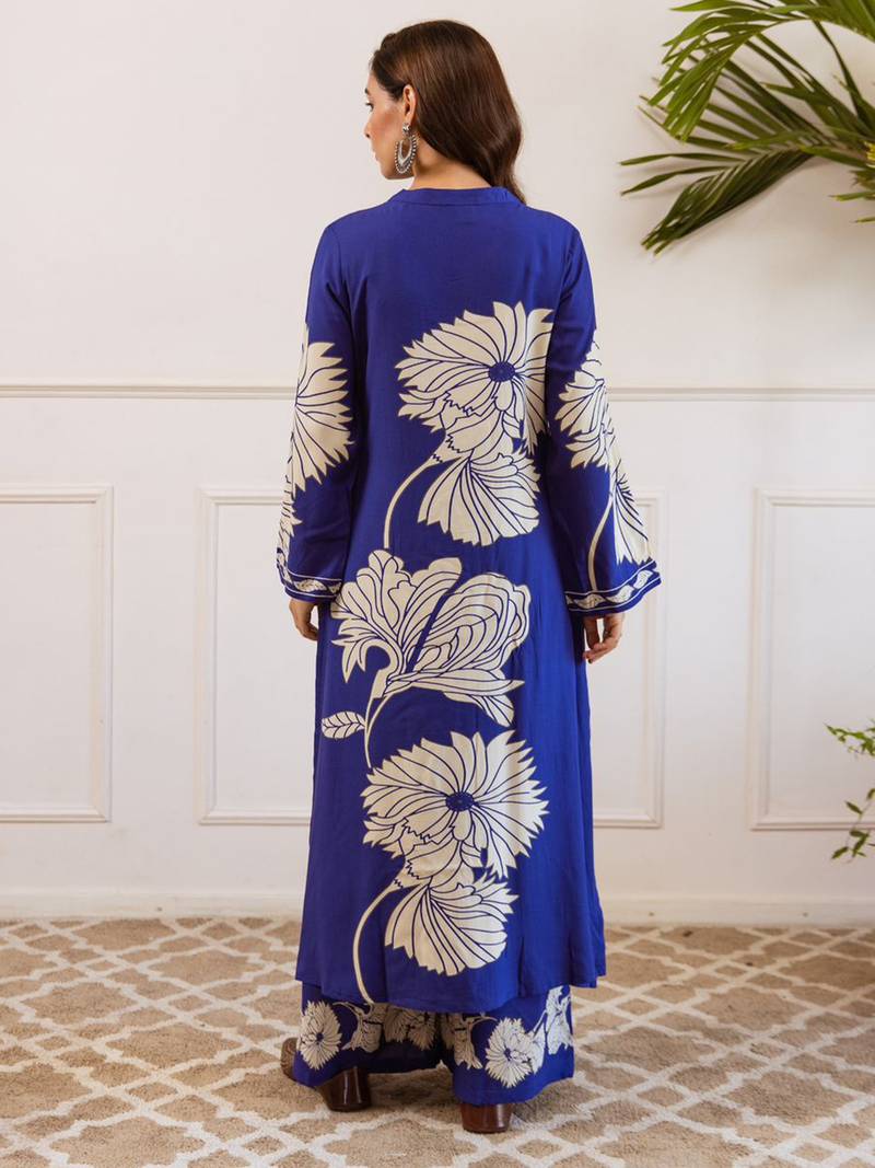 Blue printed viscose rayon kurta trouser set