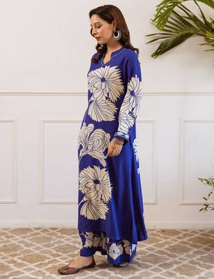 Blue printed viscose rayon kurta trouser set 3