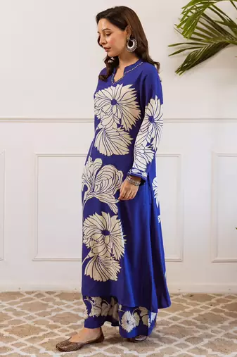 Blue printed viscose rayon kurta trouser set