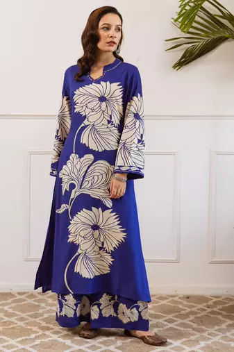 Blue printed viscose rayon kurta trouser set