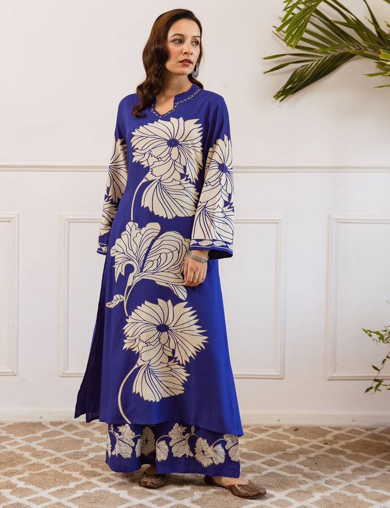 Blue printed viscose rayon kurta trouser set