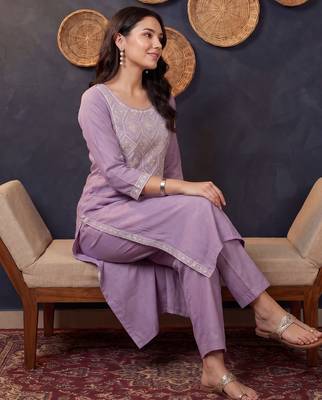 Lavender embroidered silk kurta trouser set 1