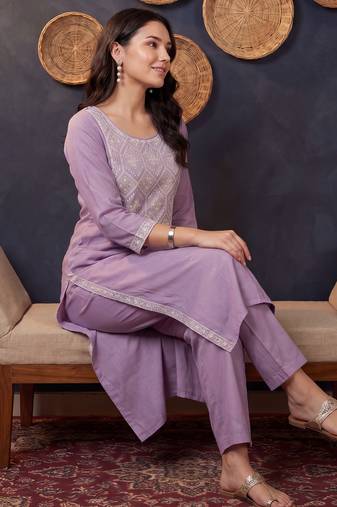 Lavender embroidered silk kurta trouser set