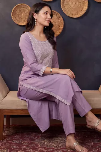 Lavender embroidered silk kurta trouser set