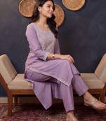 Lavender embroidered silk kurta trouser set