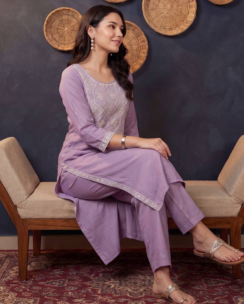 Lavender embroidered silk kurta trouser set