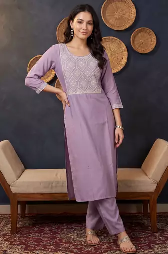 Lavender embroidered silk kurta trouser set