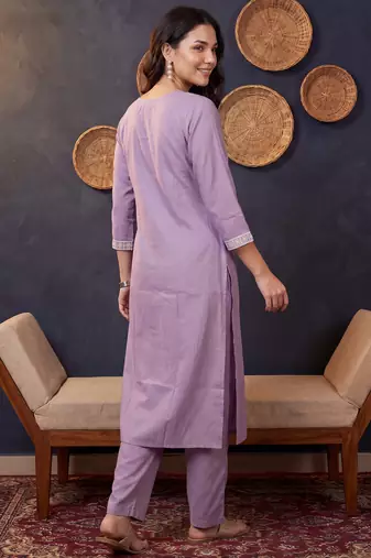 Lavender embroidered silk kurta trouser set