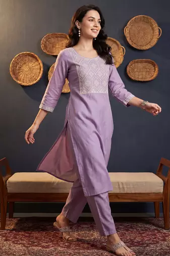 Lavender embroidered silk kurta trouser set