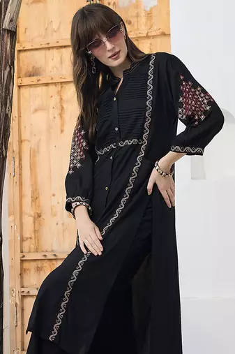 Black embroidered viscose rayon kurta trouser set