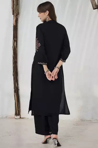 Black embroidered viscose rayon kurta trouser set
