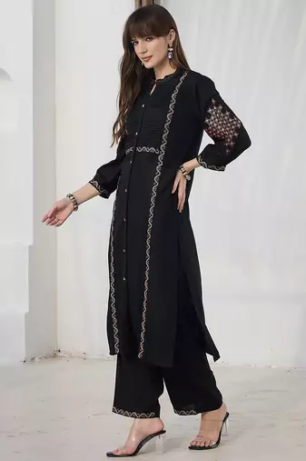 Black embroidered viscose rayon kurta trouser set